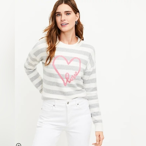 Loft striped Cream Grey Love Heart Soft sweater size M - Picture 2 of 12